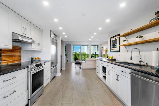kitchen with dark countertops, appliances with stainless steel finishes, under cabinet range hood, a sink, and light wood-style floors