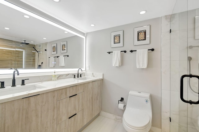 bathroom with vanity, toilet, and an enclosed shower