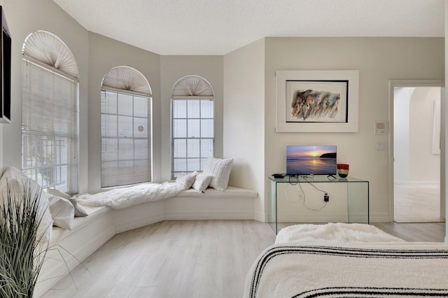 bedroom with a textured ceiling and light hardwood / wood-style flooring