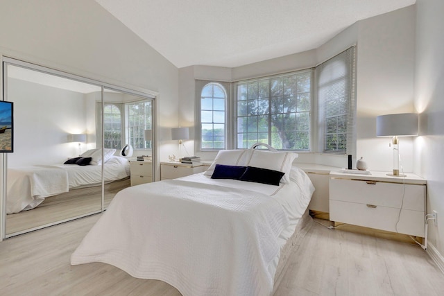 bedroom with light hardwood / wood-style flooring, vaulted ceiling, and a closet