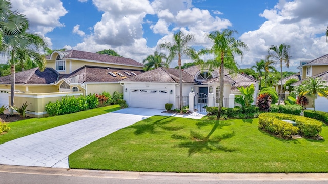 mediterranean / spanish-style house featuring a garage and a front yard