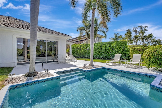 view of swimming pool featuring a patio area