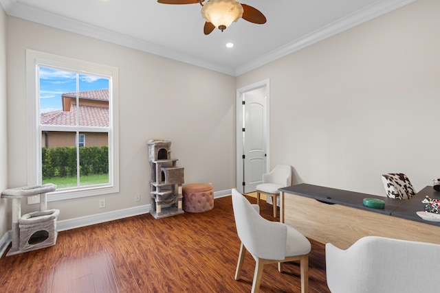 home office featuring ceiling fan, a healthy amount of sunlight, ornamental molding, and wood-type flooring