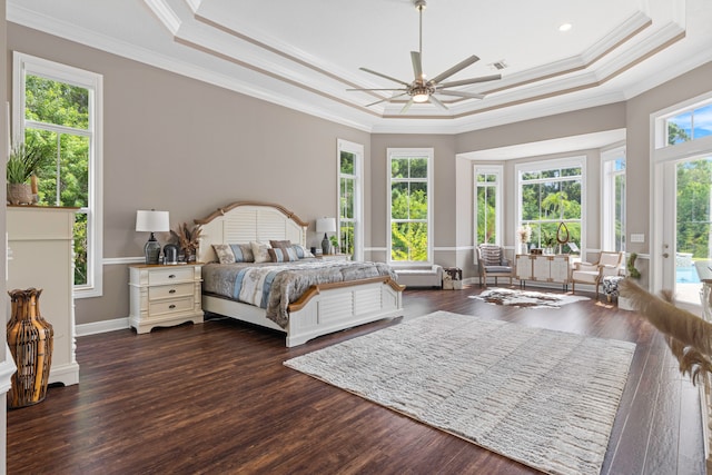 bedroom featuring a raised ceiling, ornamental molding, access to outside, and dark hardwood / wood-style floors