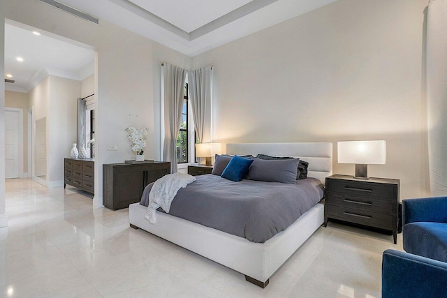 bedroom featuring crown molding, recessed lighting, and baseboards