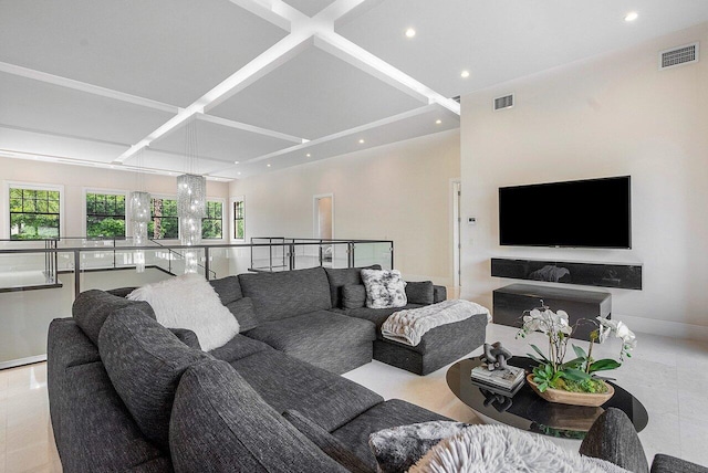 living area with baseboards, visible vents, recessed lighting, and coffered ceiling