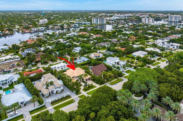 aerial view featuring a residential view and a water view