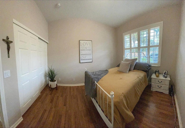 bedroom featuring vaulted ceiling, a closet, and dark hardwood / wood-style floors