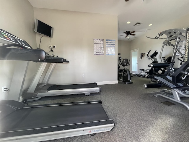 workout area with ceiling fan