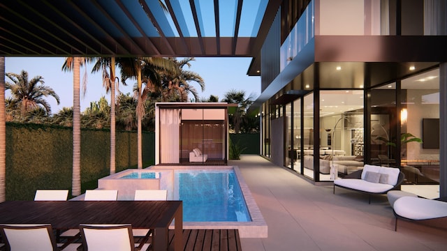 pool with fence, outdoor dining space, and a patio