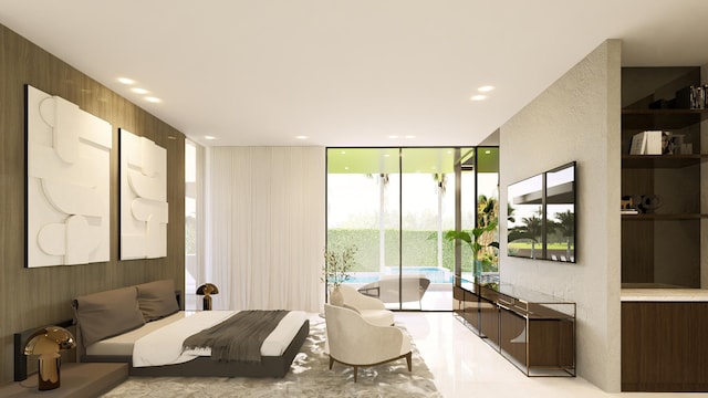 bedroom featuring a wall of windows and access to exterior