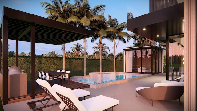 exterior space featuring fence, a jacuzzi, and a patio area