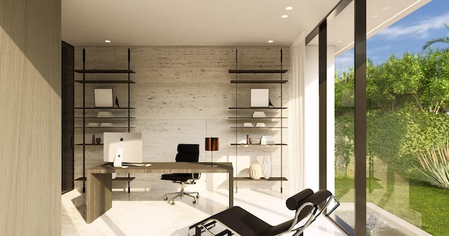 office with floor to ceiling windows and a high ceiling