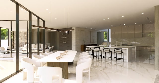 dining room featuring recessed lighting and marble finish floor