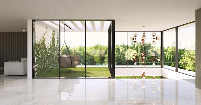 interior space with floor to ceiling windows and an inviting chandelier