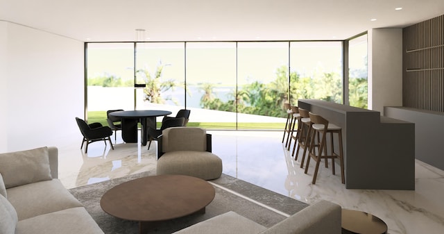living area with a wall of windows, marble finish floor, and recessed lighting