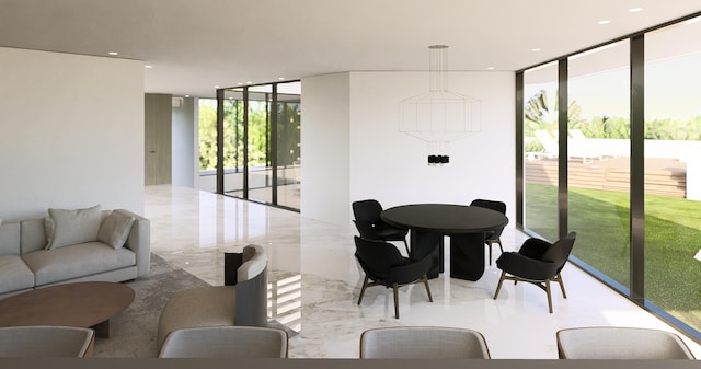 living area featuring expansive windows, marble finish floor, and recessed lighting