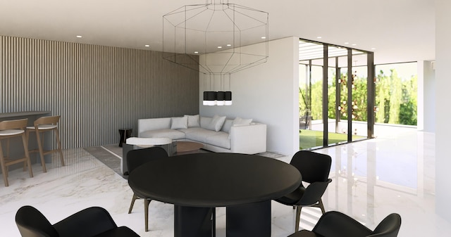 living area featuring recessed lighting, marble finish floor, and floor to ceiling windows