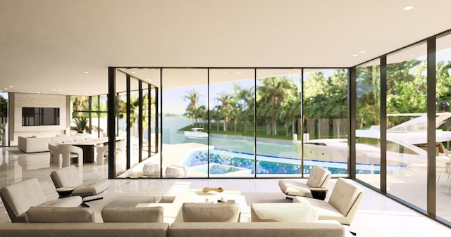 interior space featuring a water view