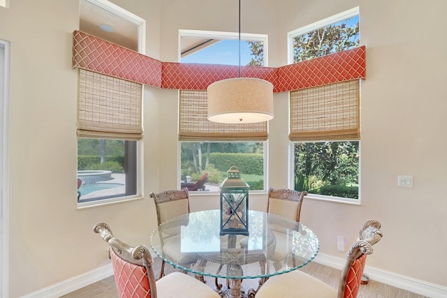 dining space with wood-type flooring