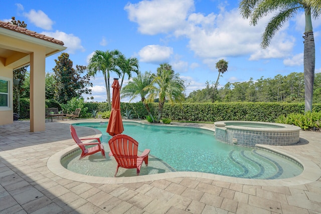 view of pool featuring an in ground hot tub and a patio area