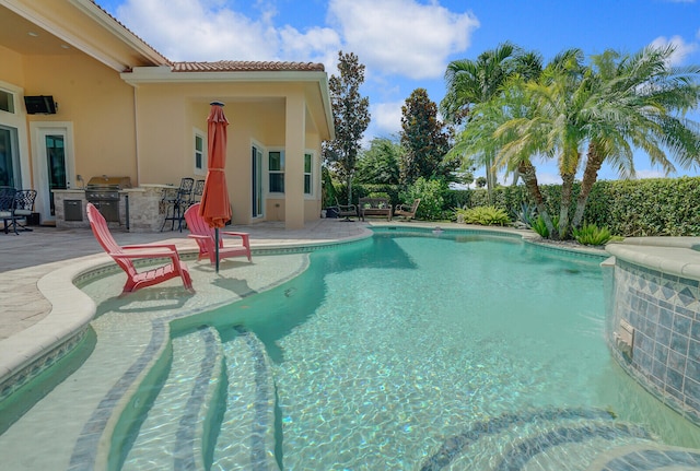 view of pool with area for grilling and a patio