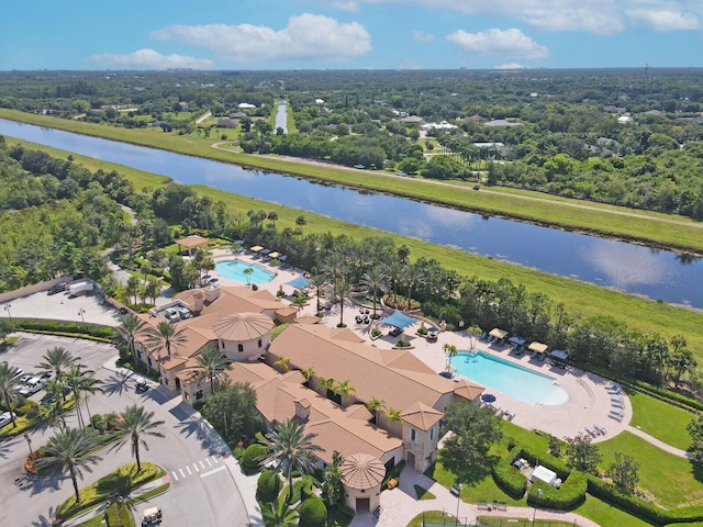 drone / aerial view featuring a water view