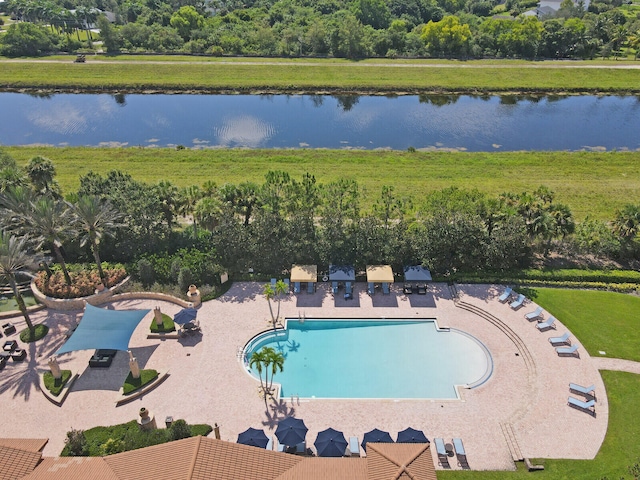 view of pool with a patio and a water view