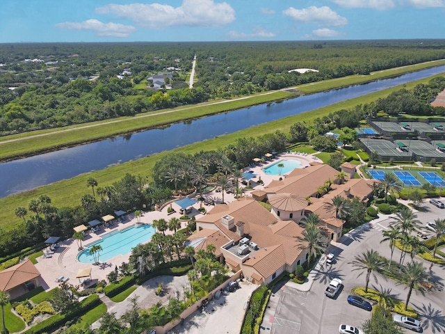 bird's eye view with a water view