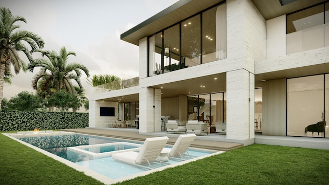 back of house featuring a fenced in pool, a lawn, and a patio