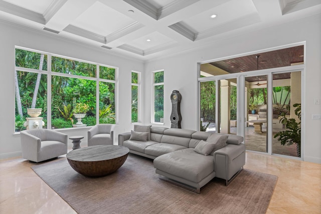 living room featuring beam ceiling, crown molding, coffered ceiling, and tile patterned flooring