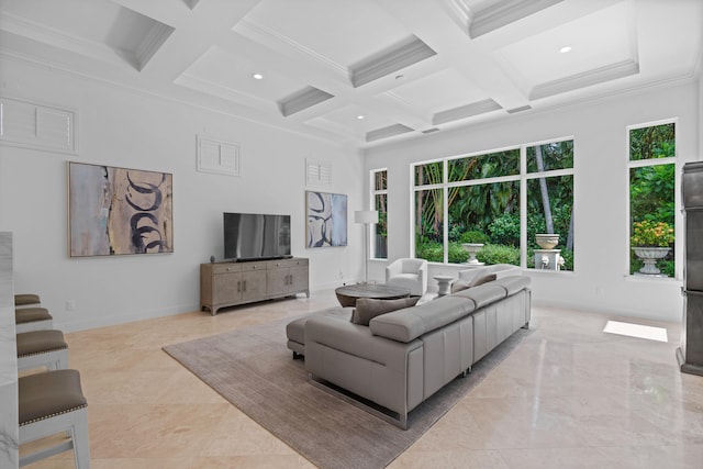 living room with plenty of natural light, light tile patterned floors, and coffered ceiling