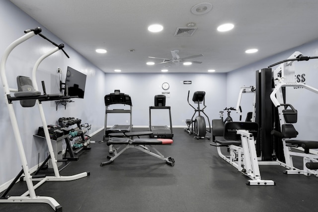 workout area featuring ceiling fan