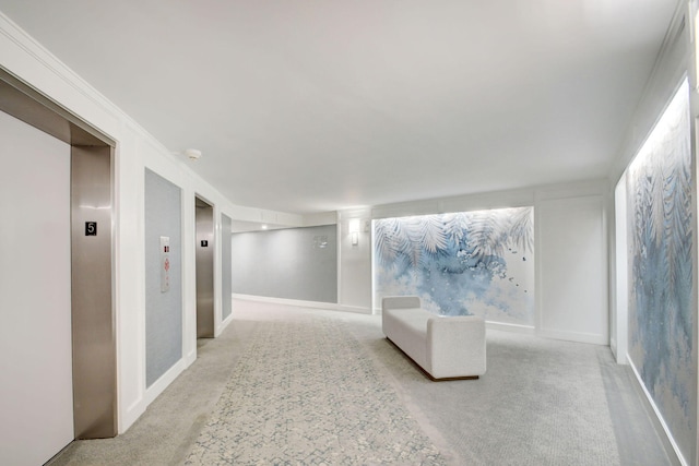 carpeted living room with crown molding and elevator