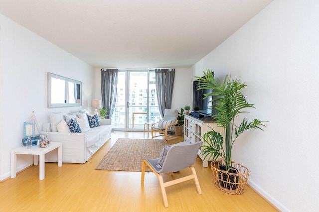 living room featuring floor to ceiling windows and light wood-type flooring