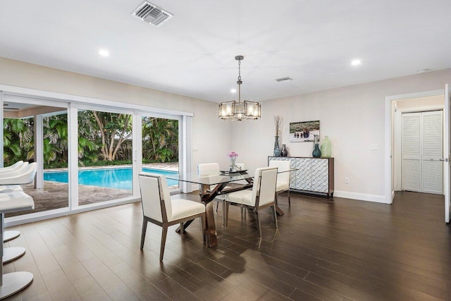 dining room featuring dark wood-style floors, recessed lighting, visible vents, and baseboards