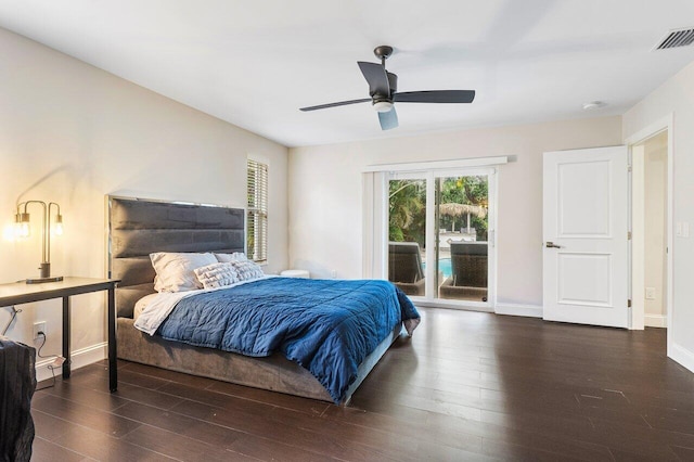 bedroom with baseboards, visible vents, ceiling fan, wood finished floors, and access to outside