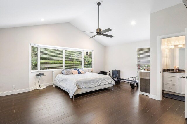 bedroom with high vaulted ceiling, ceiling fan, dark hardwood / wood-style flooring, and ensuite bathroom