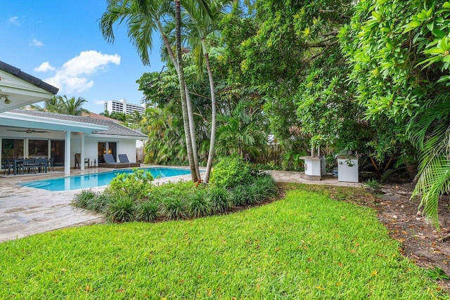 outdoor pool featuring a yard, a ceiling fan, and a patio