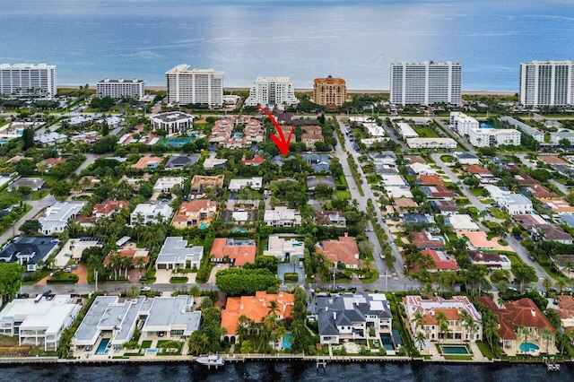 aerial view featuring a water view