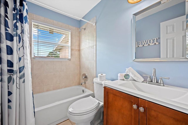 full bathroom with shower / bath combination with curtain, toilet, and vanity