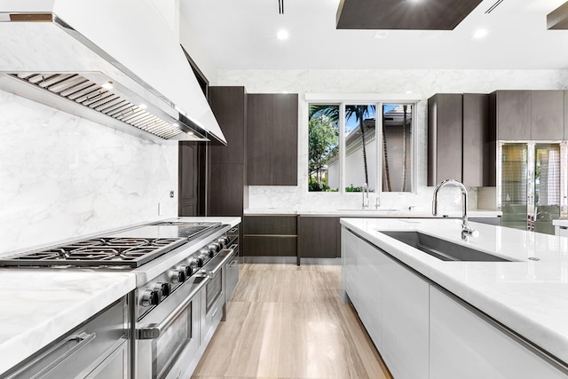 kitchen featuring a wealth of natural light, light wood-type flooring, sink, and custom range hood