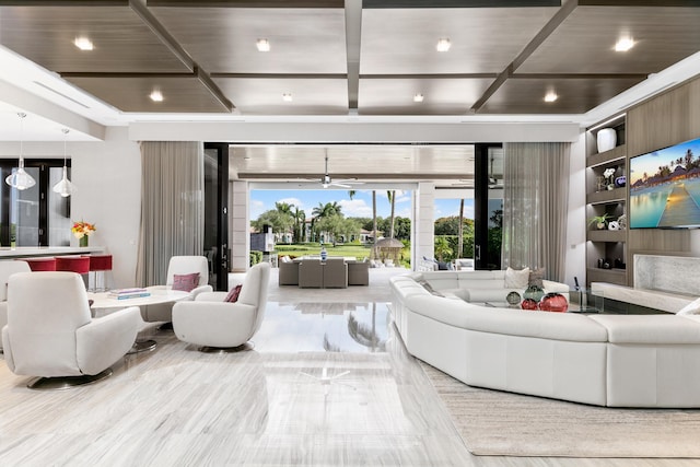 living room featuring ceiling fan and light hardwood / wood-style floors