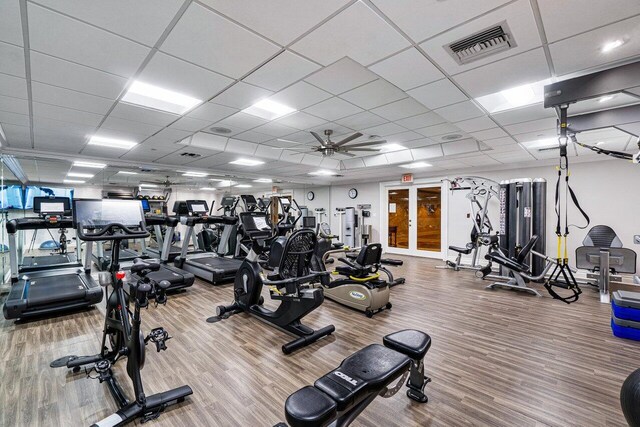 exercise room featuring ceiling fan, a drop ceiling, and wood-type flooring