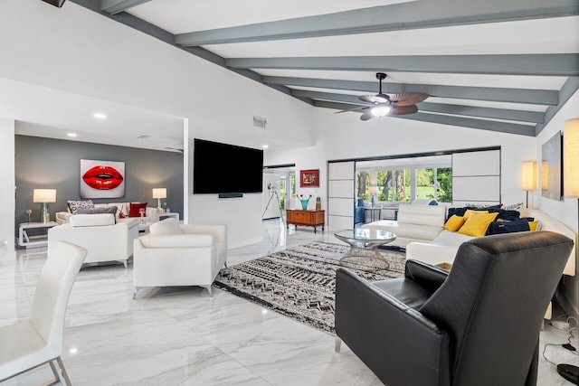 living room featuring lofted ceiling with beams and ceiling fan