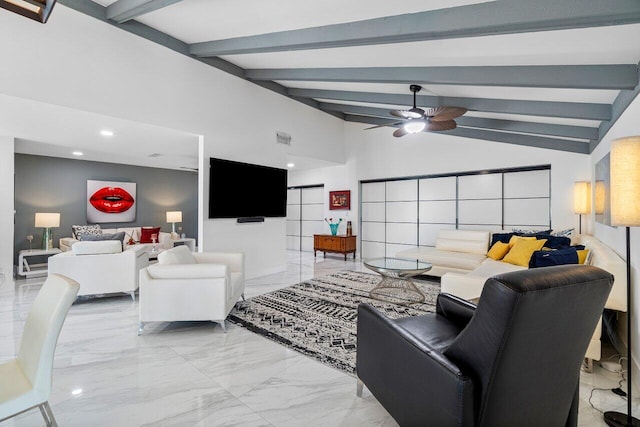 living room featuring ceiling fan and lofted ceiling with beams