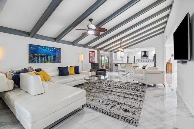 living room with lofted ceiling with beams and ceiling fan