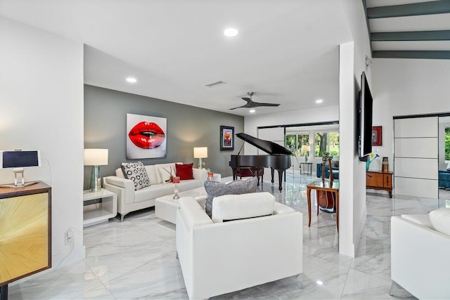 living room featuring ceiling fan