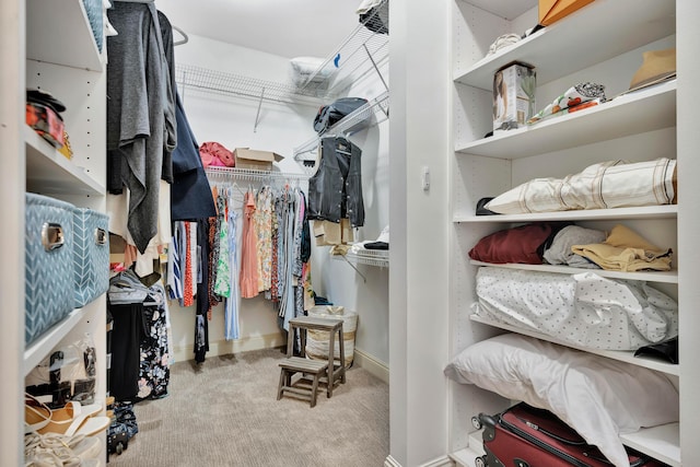 walk in closet with light carpet