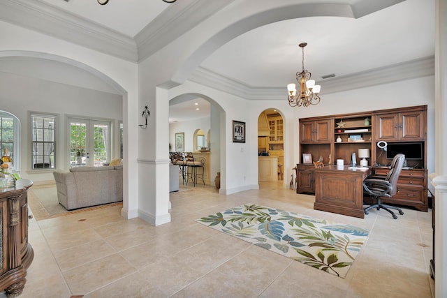 office with ornamental molding, a chandelier, and light tile patterned floors